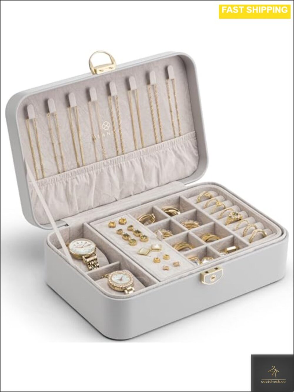 2-Layer Lockable Jewelry Organizer Box Faux Leather Velvet Watch Pillow Travel